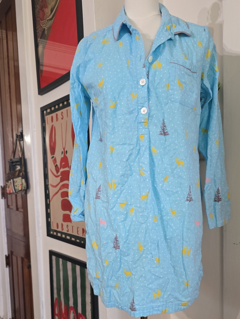 Boden Light Blue Forest & Animal Print Nightgown Brushed Cotton 8